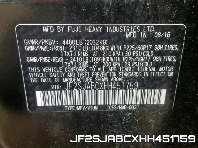 JF2SJABCXHH451759 фото 2
