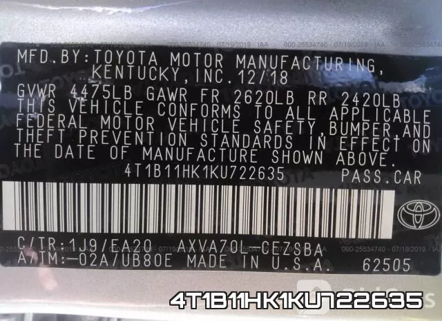 4T1B11HK1KU722635 фото 10