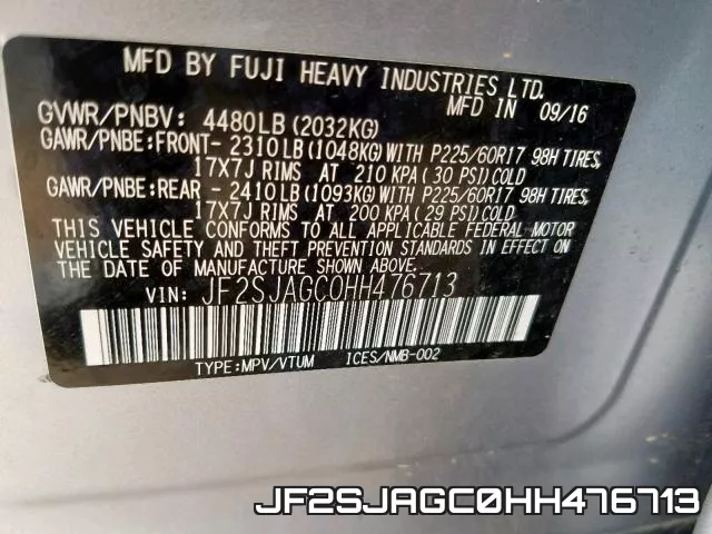 JF2SJAGC0HH476713 фото 2