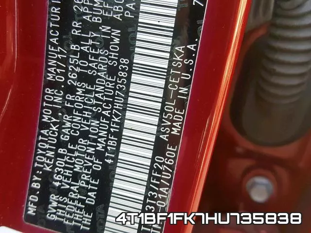 4T1BF1FK7HU735838 фото 2