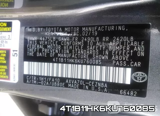 4T1B11HK6KU760085 фото 10