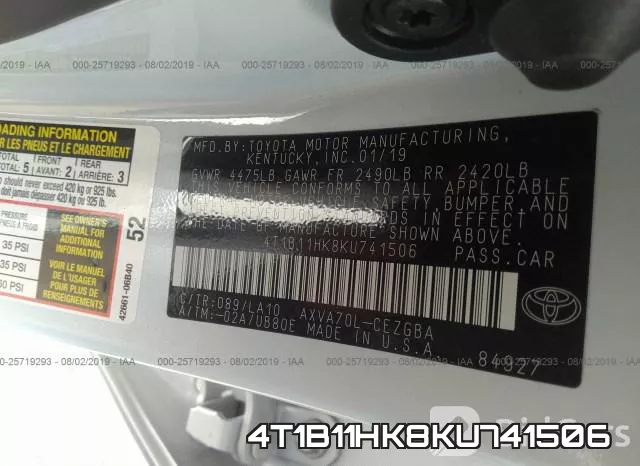 4T1B11HK8KU741506 фото 10