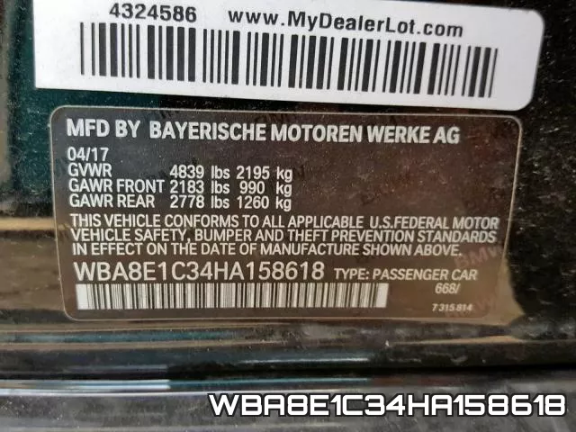 WBA8E1C34HA158618 фото 2