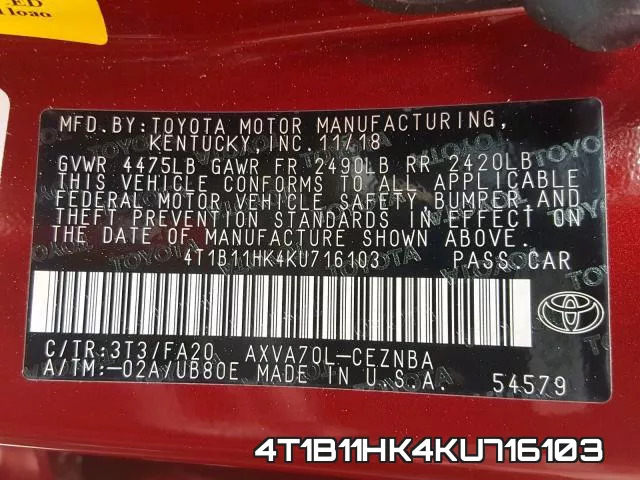 4T1B11HK4KU716103 фото 2