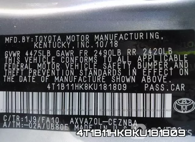 4T1B11HK8KU181809 фото 10