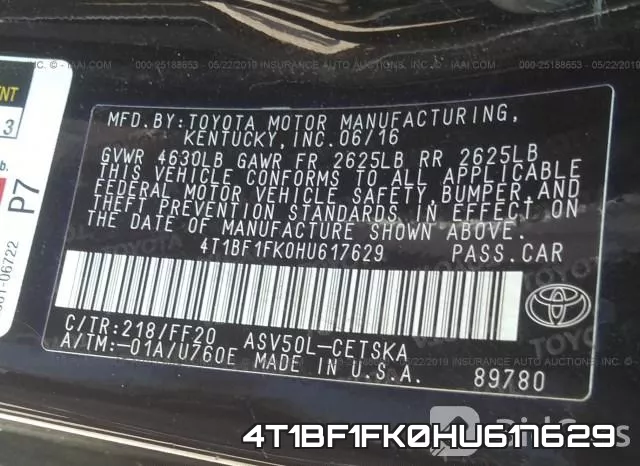 4T1BF1FK0HU617629 фото 9
