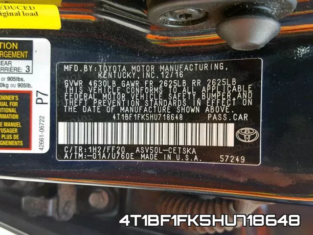 4T1BF1FK5HU718648 фото 2
