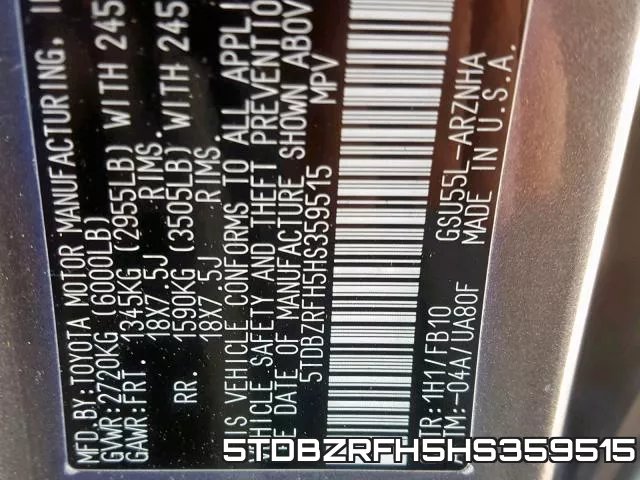 5TDBZRFH5HS359515 фото 2