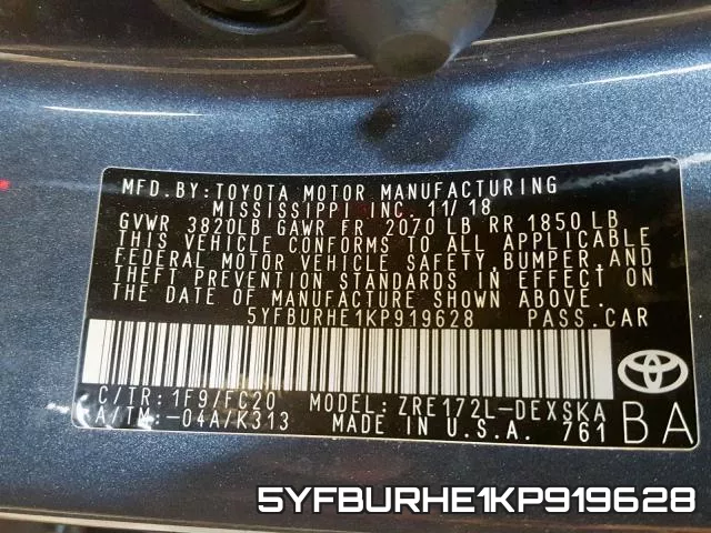5YFBURHE1KP919628 фото 2