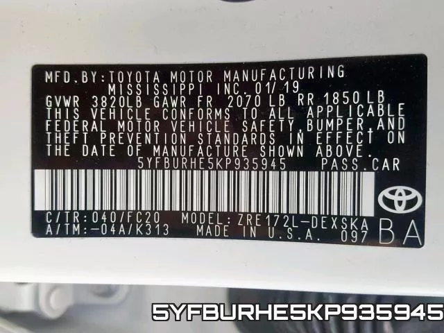 5YFBURHE5KP935945 фото 2