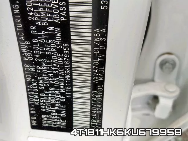 4T1B11HK6KU679958 фото 2