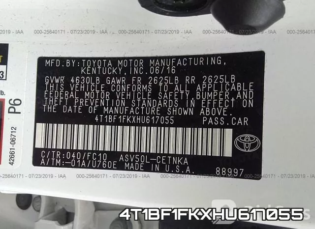 4T1BF1FKXHU617055 фото 10