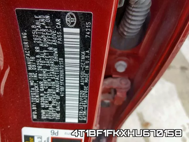 4T1BF1FKXHU670158 фото 2