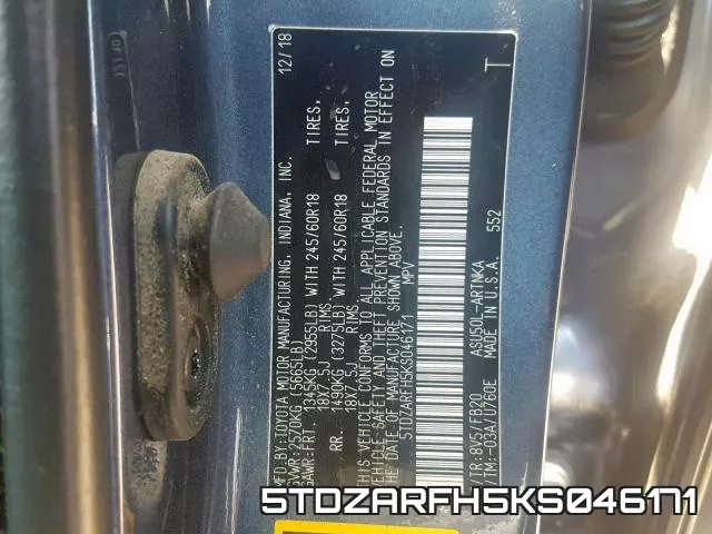 5TDZARFH5KS046171 фото 2