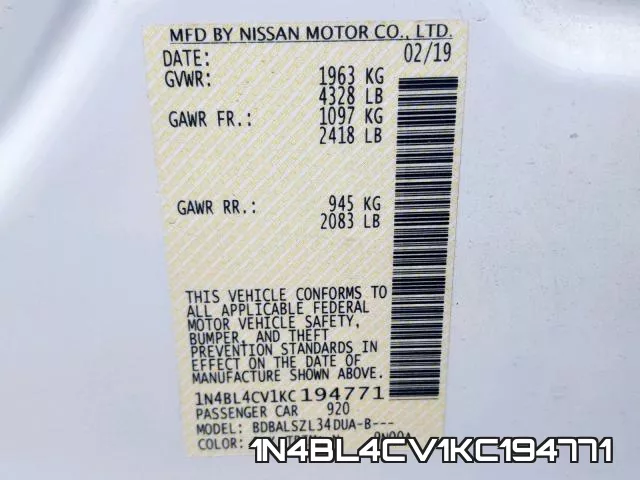 1N4BL4CV1KC194771 фото 2