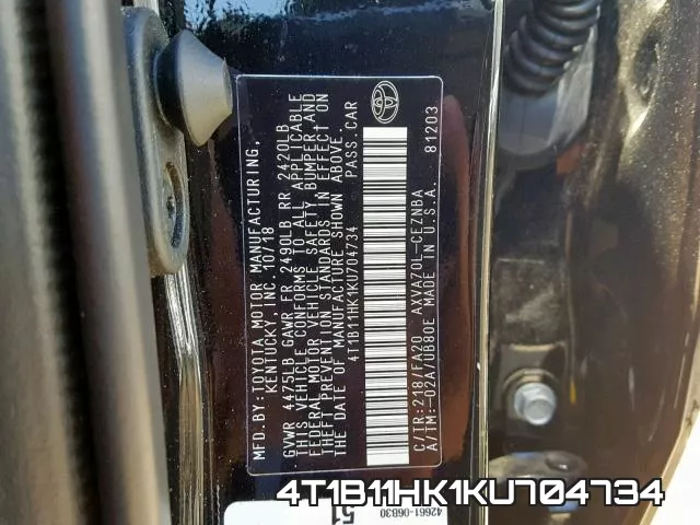 4T1B11HK1KU704734 фото 2