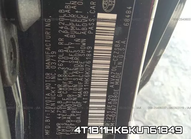 4T1B11HK6KU761849 фото 10