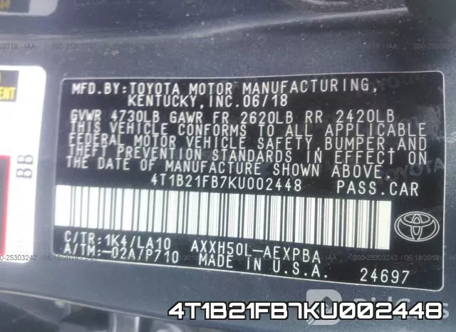 4T1B21FB7KU002448 фото 10