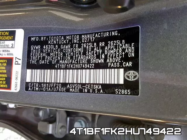 4T1BF1FK2HU749422 фото 2