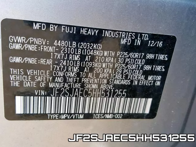JF2SJAEC5HH531255 фото 2