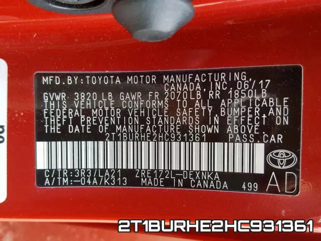 2T1BURHE2HC931361 фото 2
