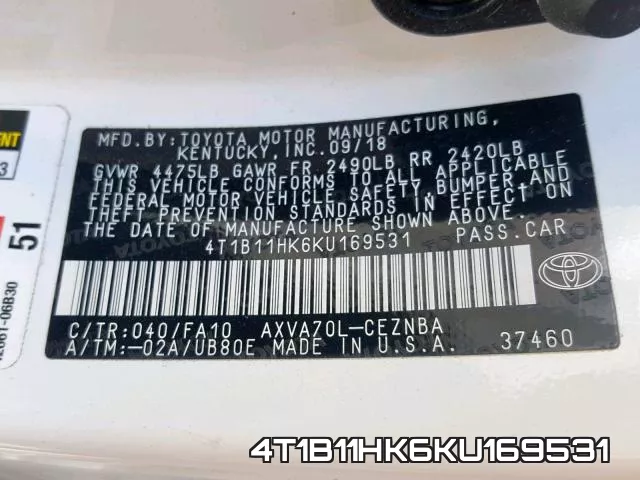 4T1B11HK6KU169531 фото 2