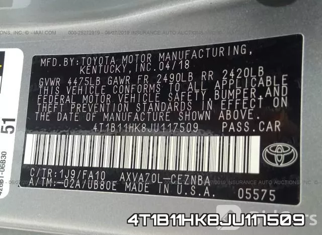 4T1B11HK8JU117509 фото 10