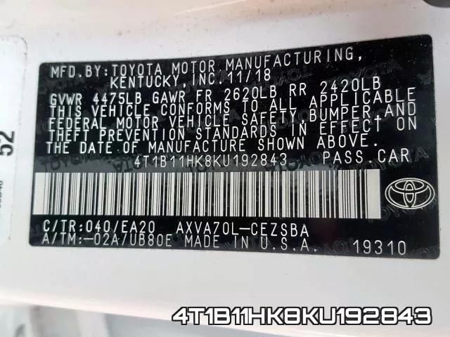4T1B11HK8KU192843 фото 2