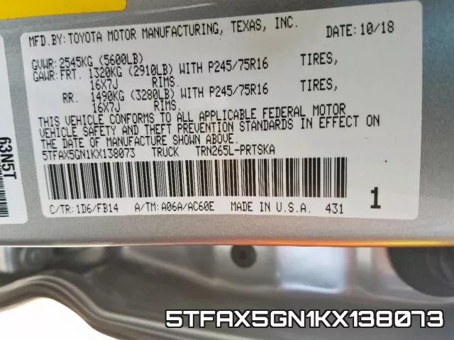 5TFAX5GN1KX138073 фото 2
