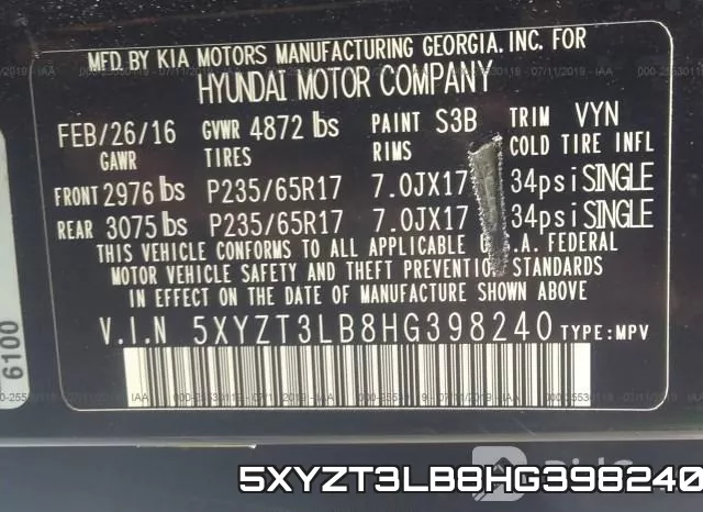 5XYZT3LB8HG398240 фото 10