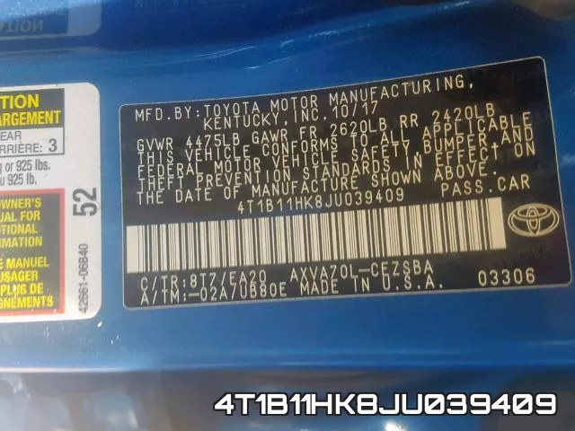 4T1B11HK8JU039409 фото 2