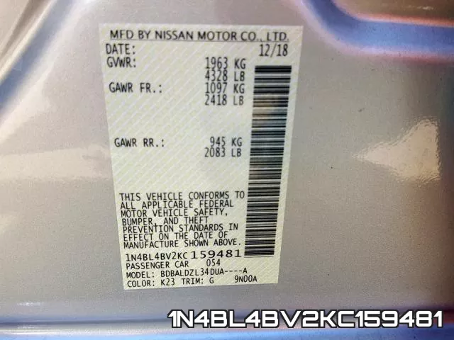 1N4BL4BV2KC159481 фото 2