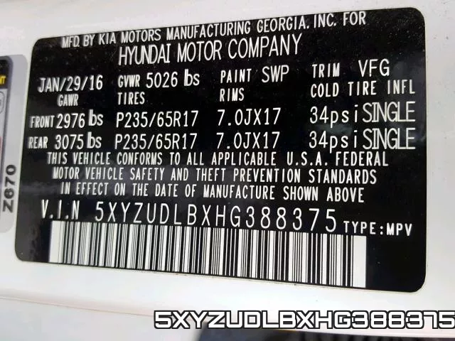 5XYZUDLBXHG388375 фото 2