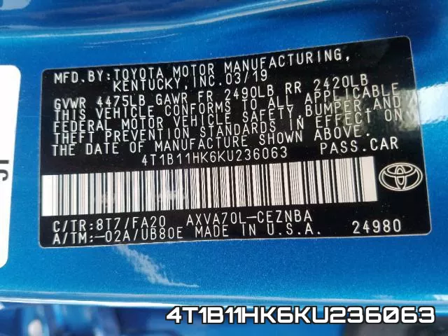 4T1B11HK6KU236063 фото 2