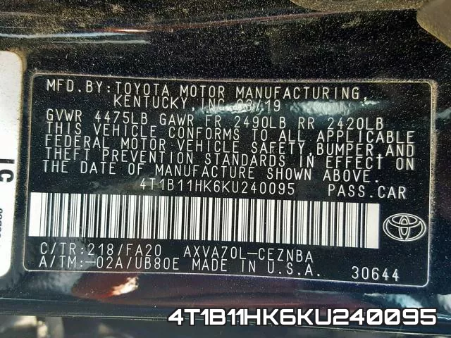 4T1B11HK6KU240095 фото 2