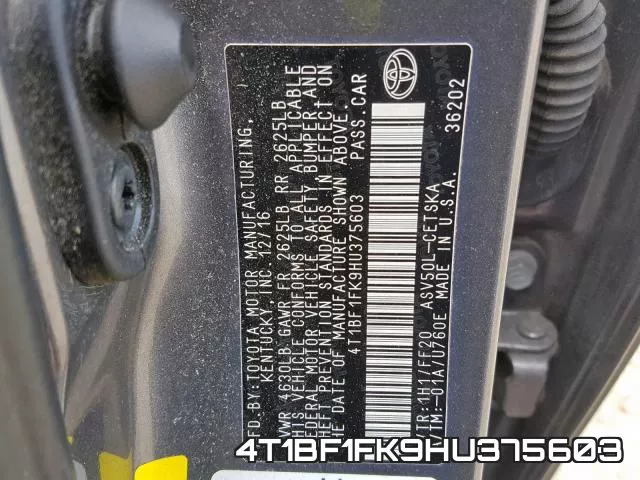 4T1BF1FK9HU375603 фото 2