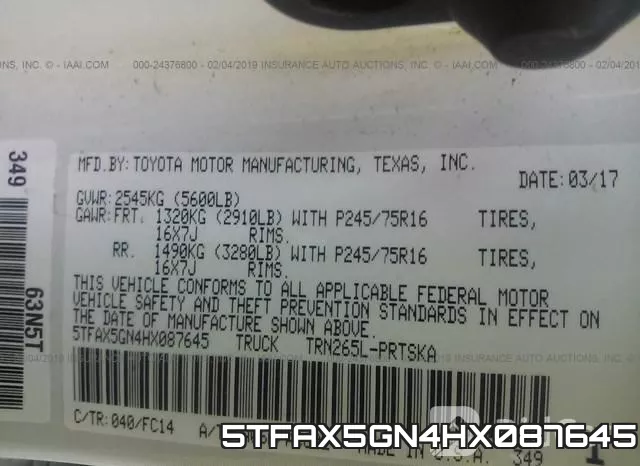 5TFAX5GN4HX087645 фото 10