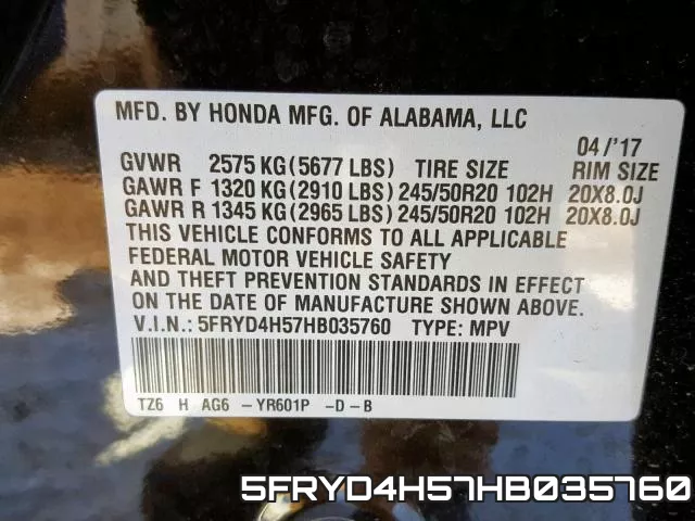 5FRYD4H57HB035760 фото 2