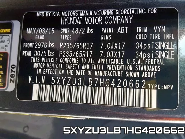 5XYZU3LB7HG420662 фото 2