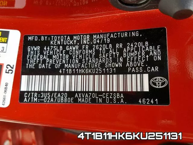 4T1B11HK6KU251131 фото 2