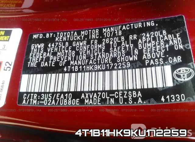 4T1B11HK9KU172259 фото 10
