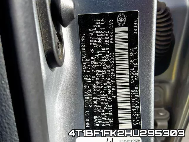 4T1BF1FK2HU295303 фото 2