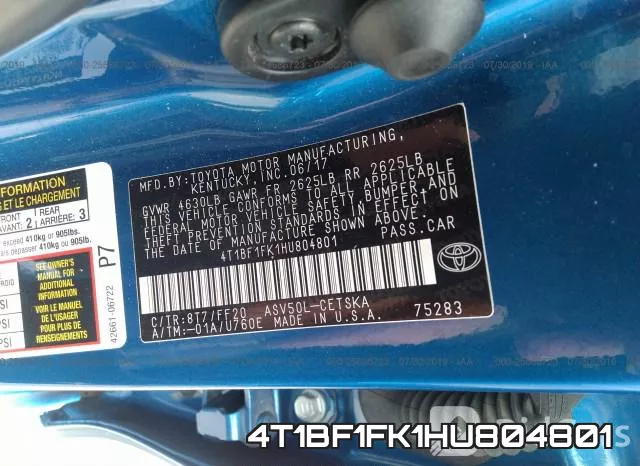 4T1BF1FK1HU804801 фото 10