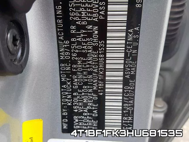 4T1BF1FK3HU681535 фото 2