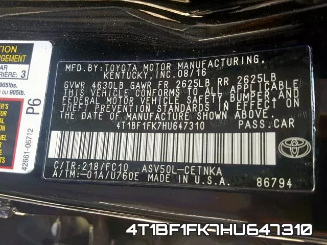 4T1BF1FK7HU647310 фото 2