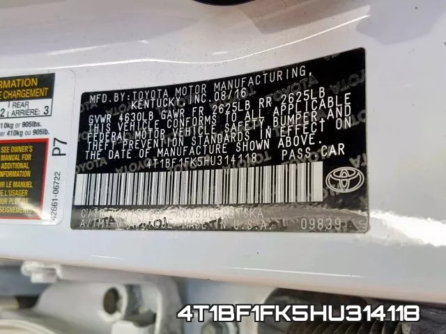 4T1BF1FK5HU314118 фото 2