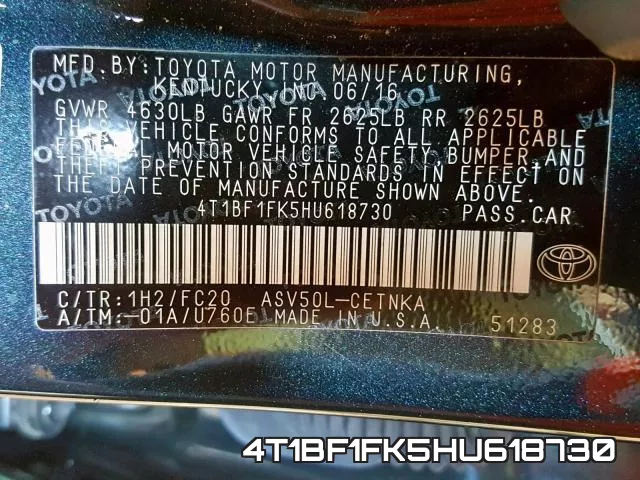 4T1BF1FK5HU618730 фото 2
