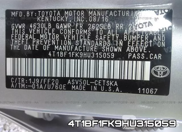 4T1BF1FK9HU315059 фото 10