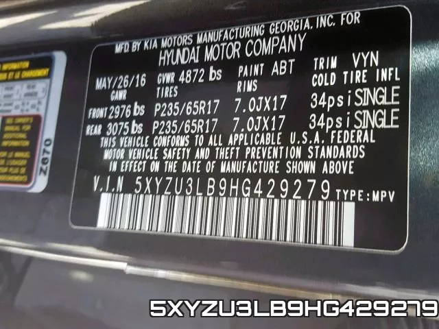 5XYZU3LB9HG429279 фото 2