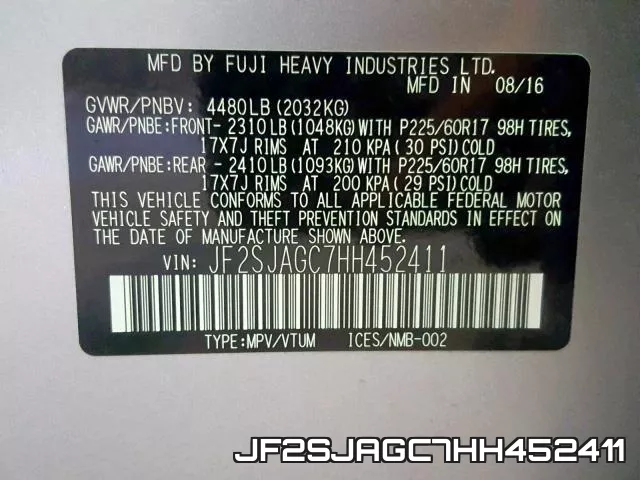 JF2SJAGC7HH452411 фото 2